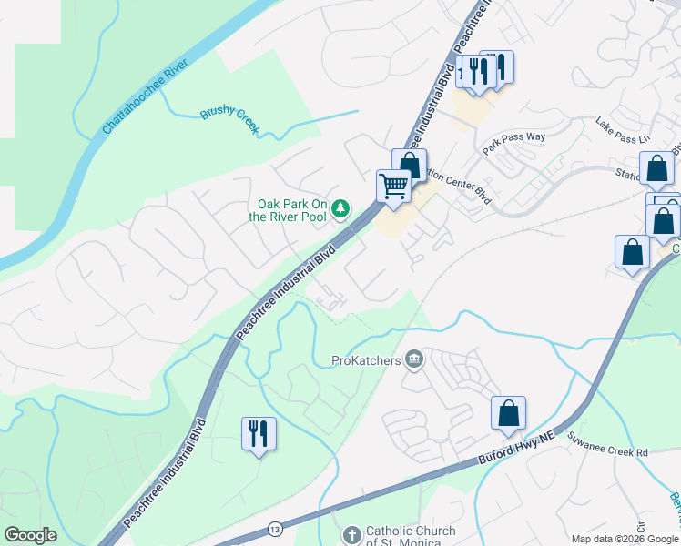 map of restaurants, bars, coffee shops, grocery stores, and more near 3760 Oak Park Drive in Suwanee