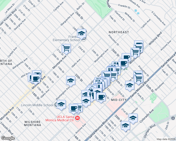 map of restaurants, bars, coffee shops, grocery stores, and more near 1002 22nd Street in Santa Monica