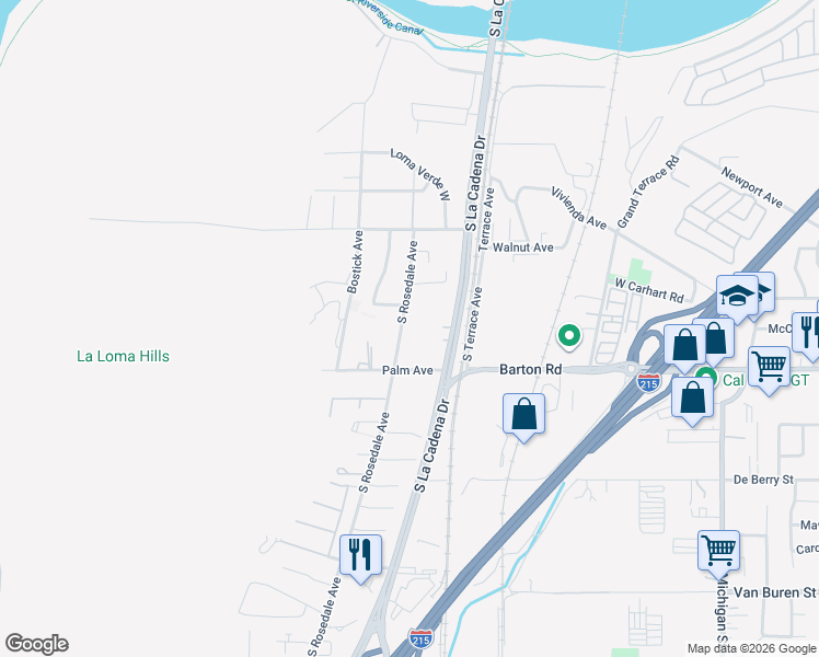 map of restaurants, bars, coffee shops, grocery stores, and more near 12041 South Rosedale Avenue in Grand Terrace