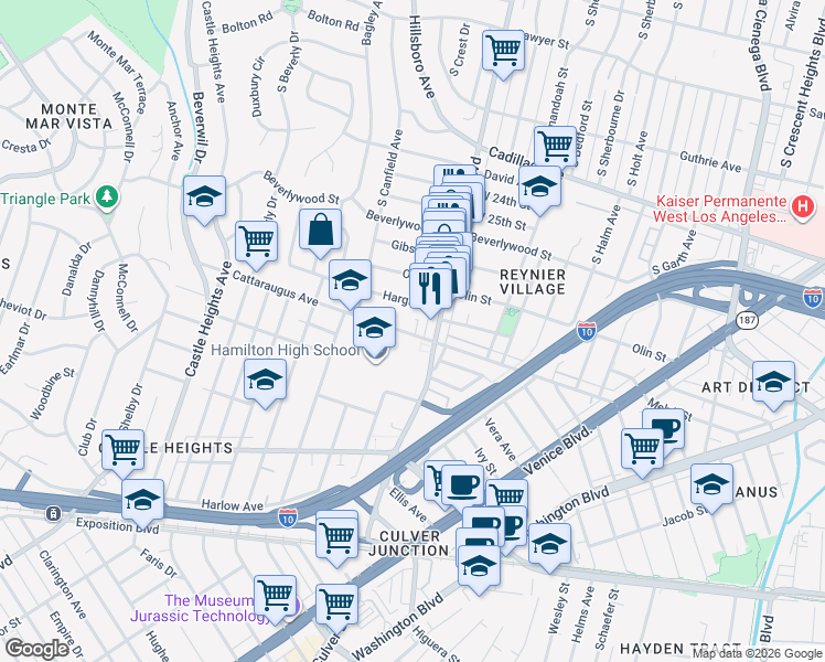 map of restaurants, bars, coffee shops, grocery stores, and more near 9053 Cattaraugus Avenue in Los Angeles