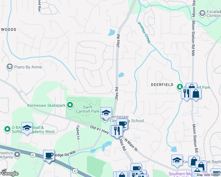 map of restaurants, bars, coffee shops, grocery stores, and more near 3467 English Oaks Drive Northwest in Kennesaw