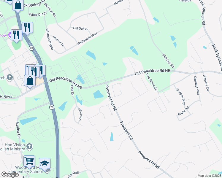 map of restaurants, bars, coffee shops, grocery stores, and more near 1689 Wilford Drive Northeast in Lawrenceville