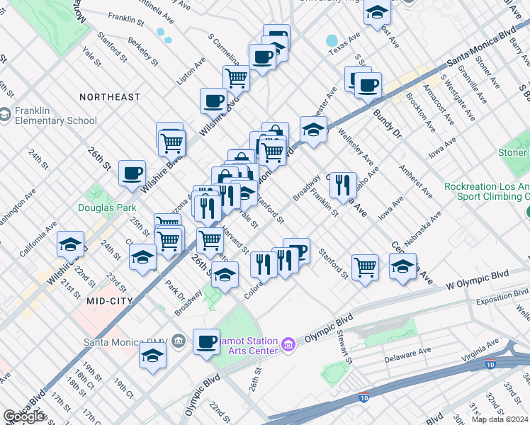 map of restaurants, bars, coffee shops, grocery stores, and more near 1442 Stanford Street in Santa Monica