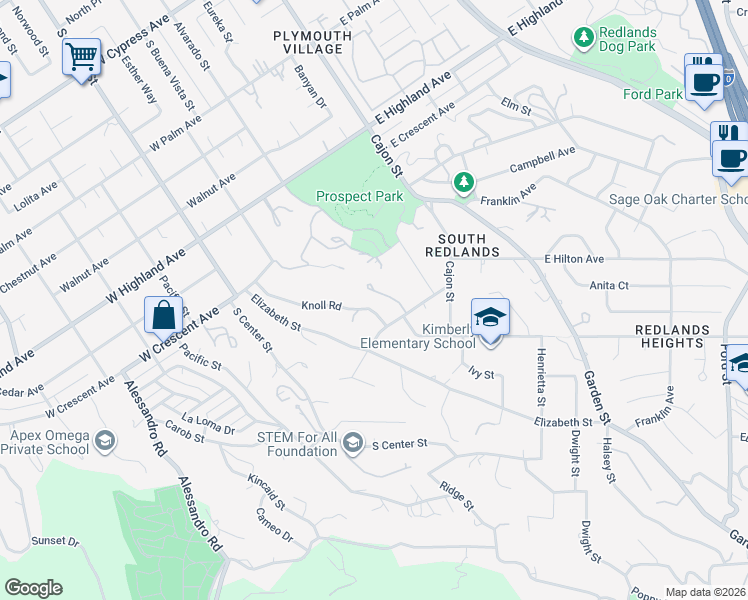 map of restaurants, bars, coffee shops, grocery stores, and more near 1379 Knoll Road in Redlands