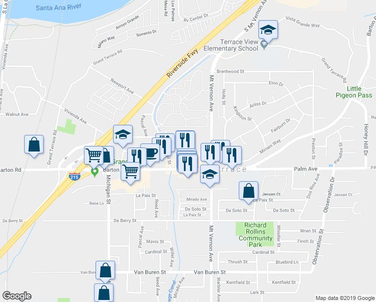 map of restaurants, bars, coffee shops, grocery stores, and more near 22456 Chaparral Lane in Grand Terrace
