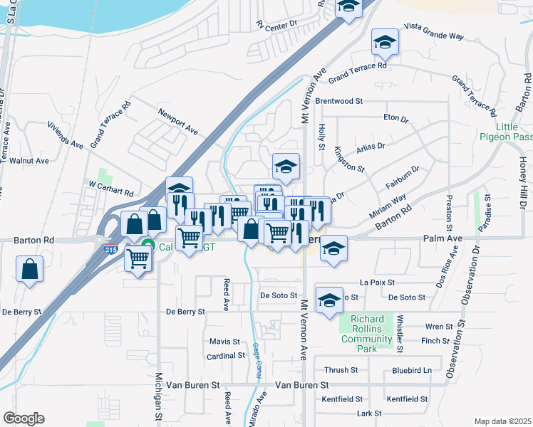 map of restaurants, bars, coffee shops, grocery stores, and more near 12009 Aspen Circle in Grand Terrace