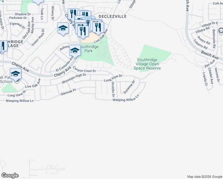 map of restaurants, bars, coffee shops, grocery stores, and more near 12037 Ocotillo Drive in Fontana