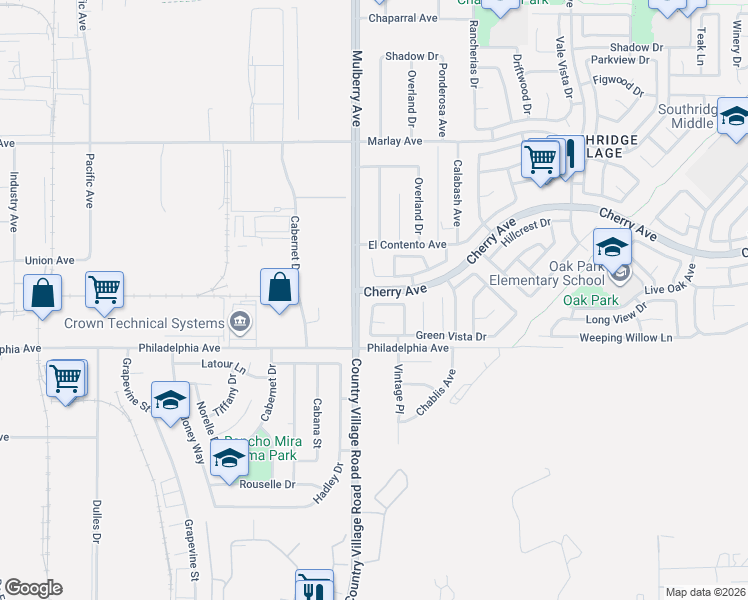 map of restaurants, bars, coffee shops, grocery stores, and more near 13765 Hillcrest Drive in Fontana