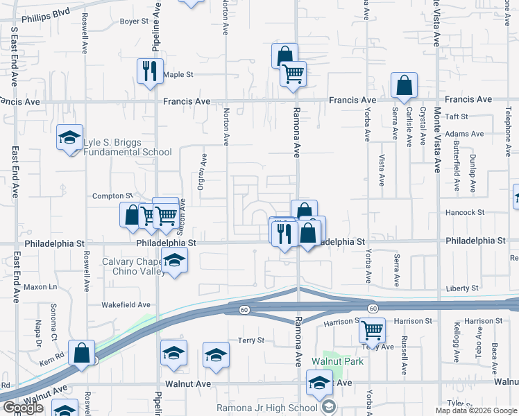 map of restaurants, bars, coffee shops, grocery stores, and more near 4400 Lamplighter Lane in Chino