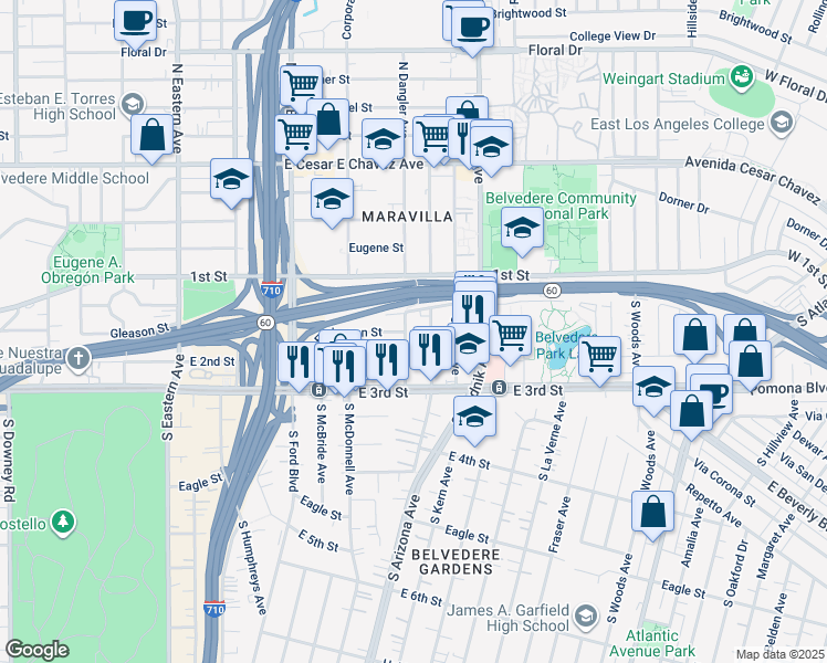 map of restaurants, bars, coffee shops, grocery stores, and more near 213 South Arizona Avenue in East Los Angeles
