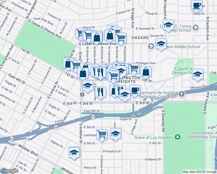 map of restaurants, bars, coffee shops, grocery stores, and more near 134 South Townsend Avenue in Los Angeles