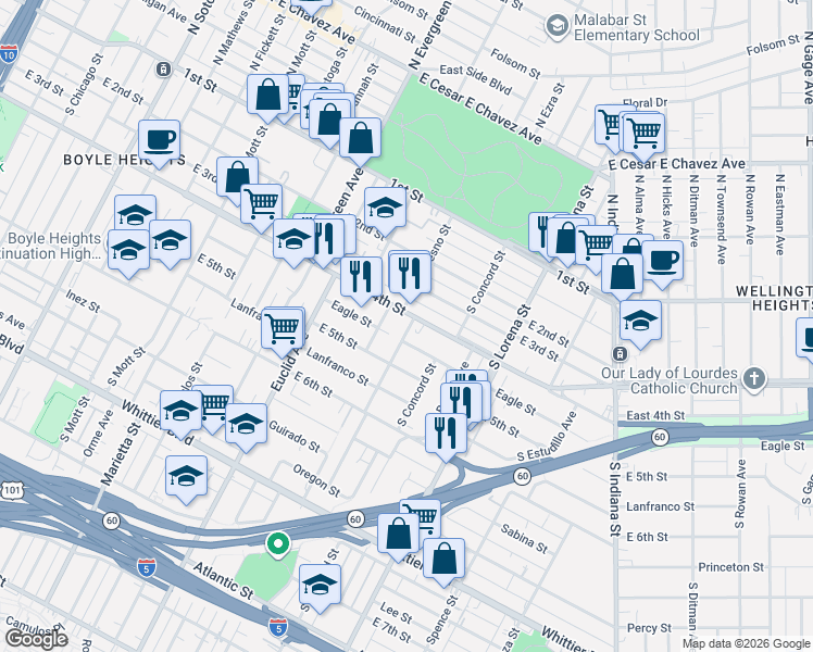 map of restaurants, bars, coffee shops, grocery stores, and more near 3212 East 4th Street in Los Angeles