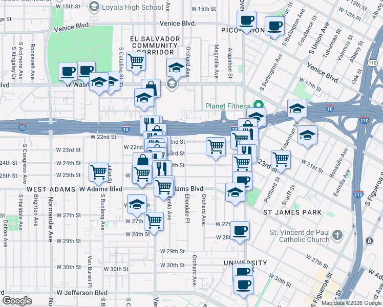 map of restaurants, bars, coffee shops, grocery stores, and more near 1378 West 23rd Street in Los Angeles