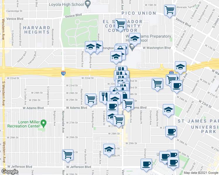 map of restaurants, bars, coffee shops, grocery stores, and more near 1546 West 23rd Street in Los Angeles