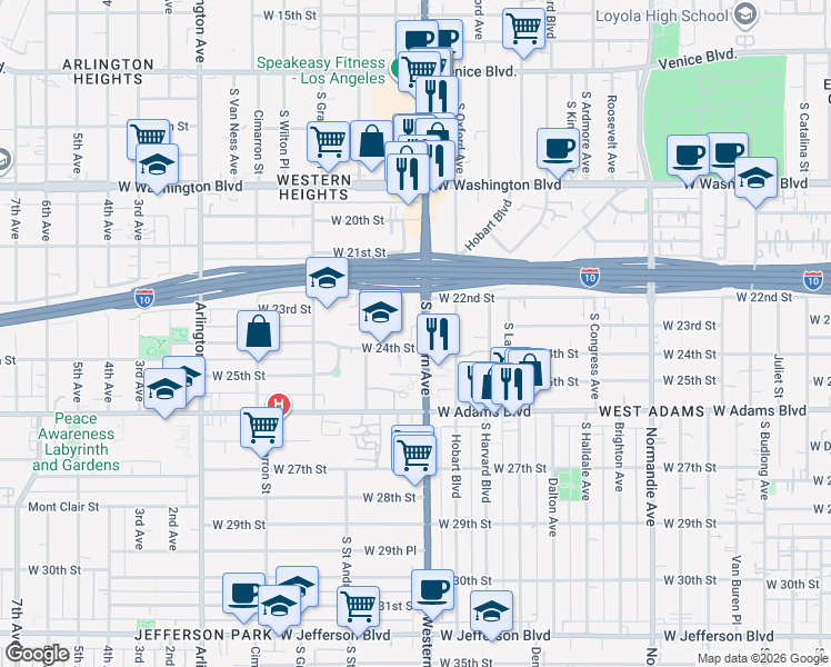 map of restaurants, bars, coffee shops, grocery stores, and more near 2231 South Western Avenue in Los Angeles