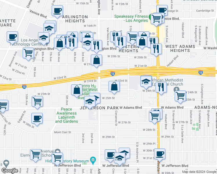 map of restaurants, bars, coffee shops, grocery stores, and more near 2273 West 24th Street in Los Angeles