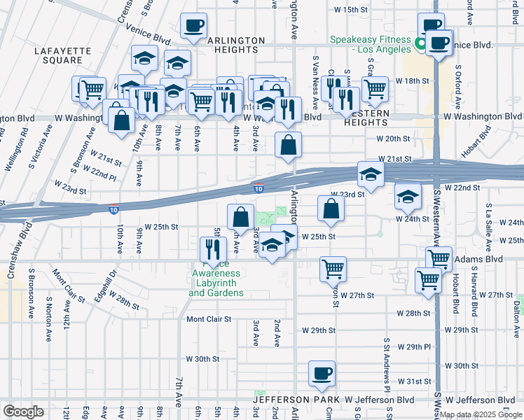 map of restaurants, bars, coffee shops, grocery stores, and more near 2417 3rd Avenue in Los Angeles
