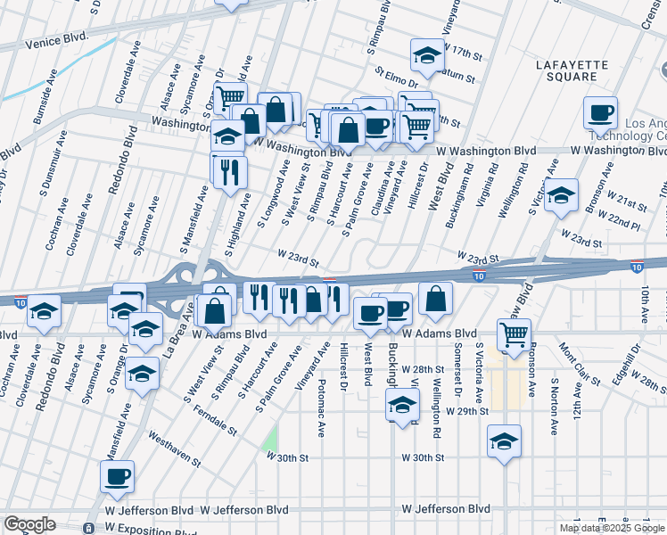 map of restaurants, bars, coffee shops, grocery stores, and more near 2305 South Palm Grove Avenue in Los Angeles