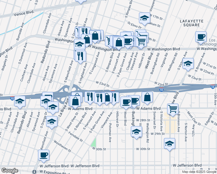 map of restaurants, bars, coffee shops, grocery stores, and more near 2305 South Palm Grove Avenue in Los Angeles