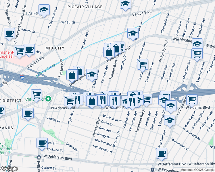 map of restaurants, bars, coffee shops, grocery stores, and more near in Los Angeles