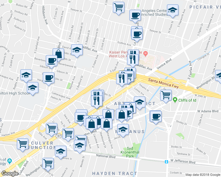 map of restaurants, bars, coffee shops, grocery stores, and more near 2641 Chariton Street in Los Angeles