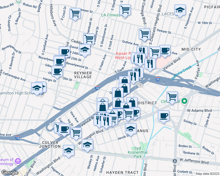 map of restaurants, bars, coffee shops, grocery stores, and more near 8645 Olin Street in Los Angeles