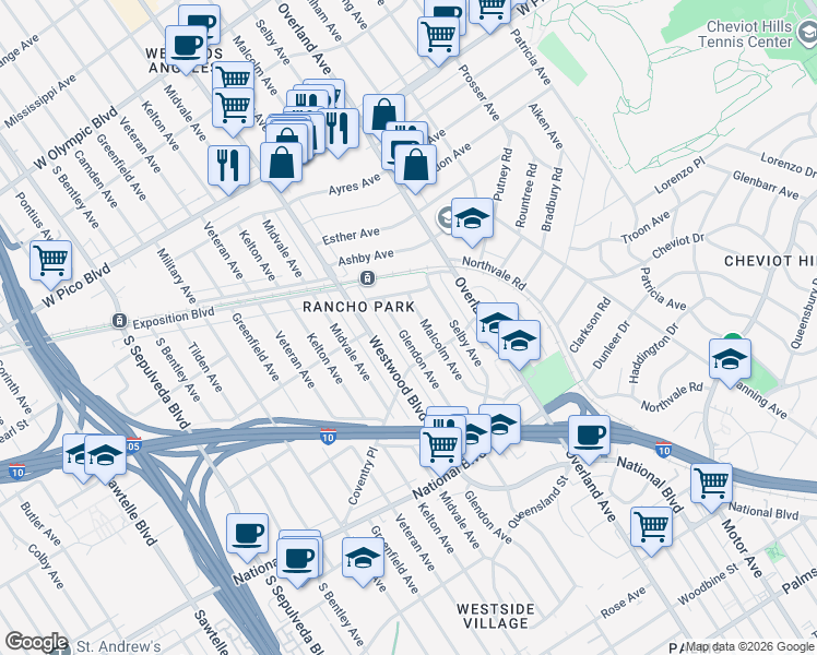 map of restaurants, bars, coffee shops, grocery stores, and more near 2713 Glendon Avenue in Los Angeles