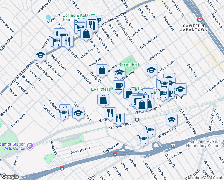map of restaurants, bars, coffee shops, grocery stores, and more near 11950 Missouri Avenue in Los Angeles