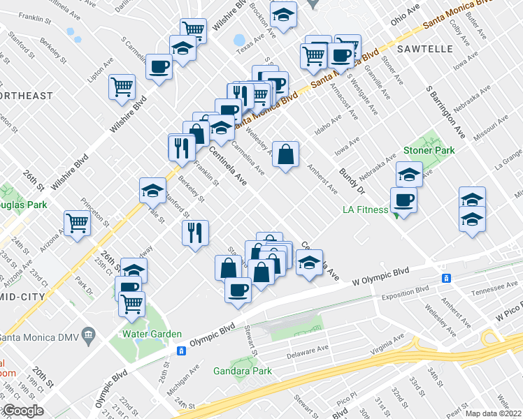 map of restaurants, bars, coffee shops, grocery stores, and more near 1633 Centinela Avenue in Santa Monica