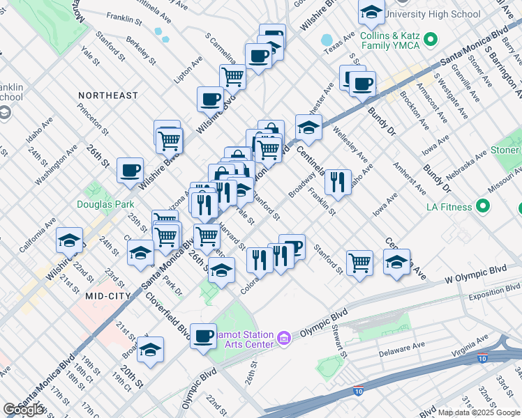 map of restaurants, bars, coffee shops, grocery stores, and more near 1437C Yale Street in Santa Monica
