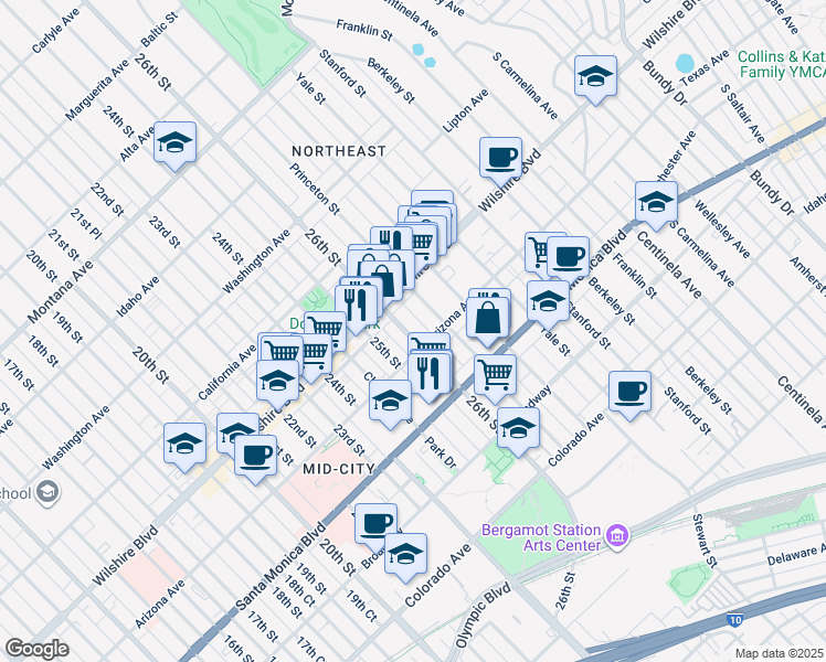 map of restaurants, bars, coffee shops, grocery stores, and more near 1255 26th Street in Santa Monica