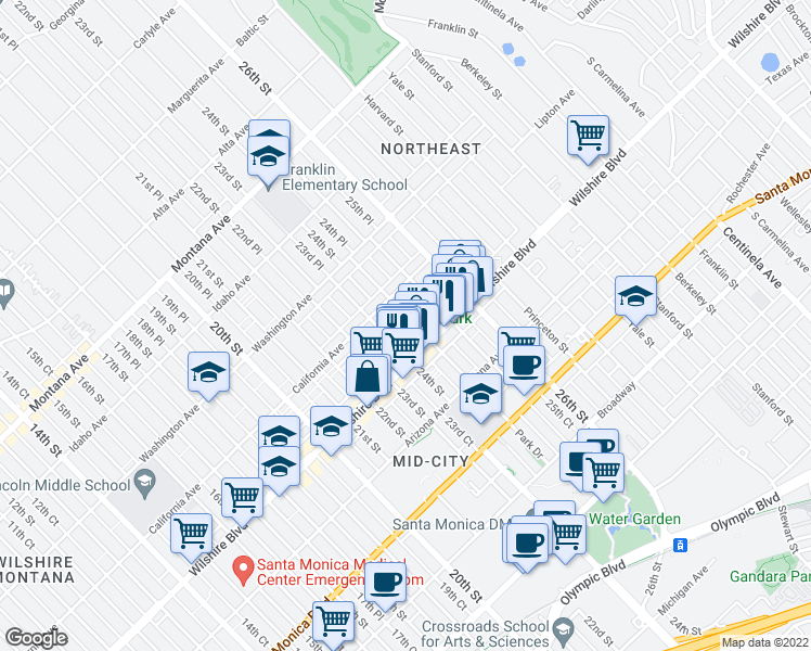 map of restaurants, bars, coffee shops, grocery stores, and more near 1133 24th Street in Santa Monica