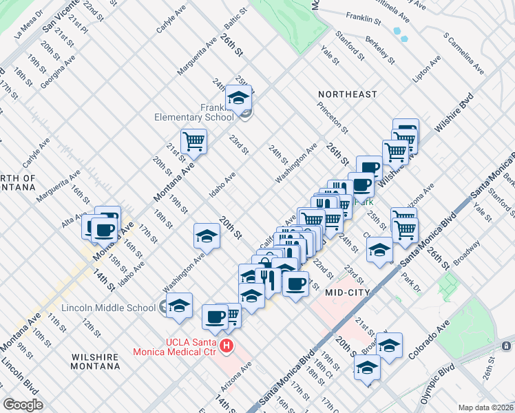 map of restaurants, bars, coffee shops, grocery stores, and more near 2112 Washington Avenue in Santa Monica