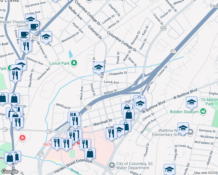 map of restaurants, bars, coffee shops, grocery stores, and more near 2131 Willow Street in Columbia