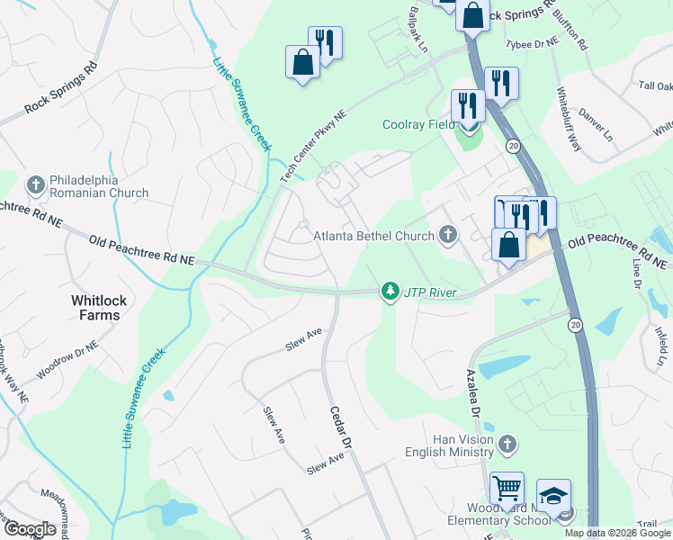 map of restaurants, bars, coffee shops, grocery stores, and more near 2635 Cedar Drive in Lawrenceville