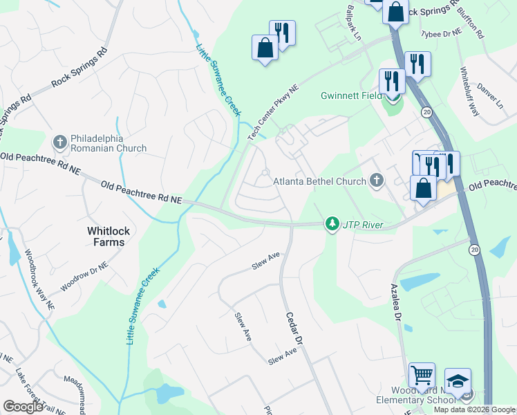 map of restaurants, bars, coffee shops, grocery stores, and more near 2347 Suwanee Pointe Drive in Lawrenceville