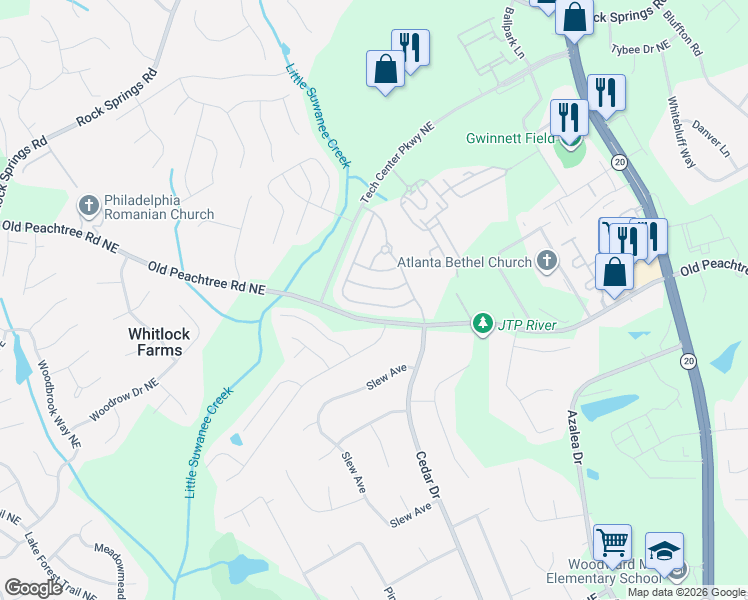 map of restaurants, bars, coffee shops, grocery stores, and more near 2347 Suwanee Pointe Drive in Lawrenceville