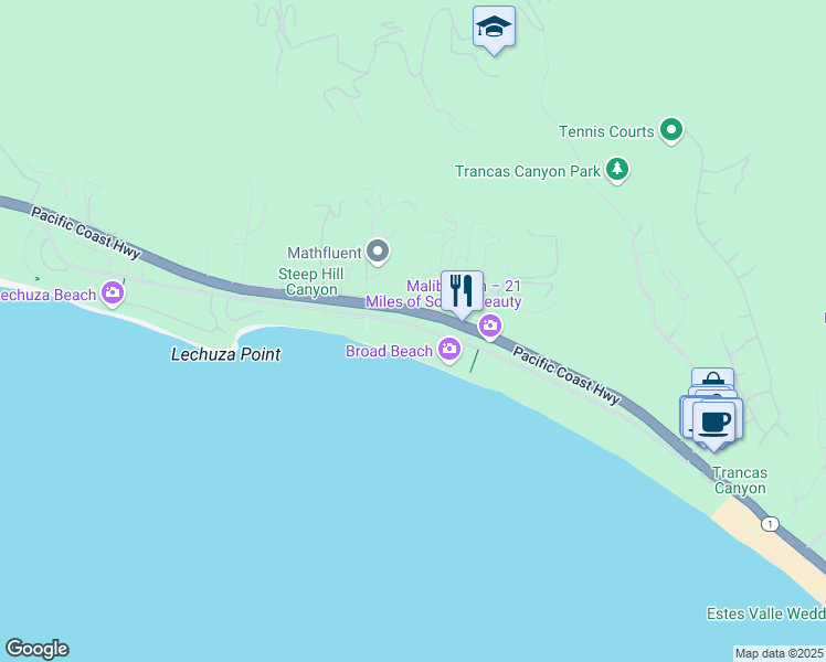 map of restaurants, bars, coffee shops, grocery stores, and more near 31280 Broad Beach Road in Malibu