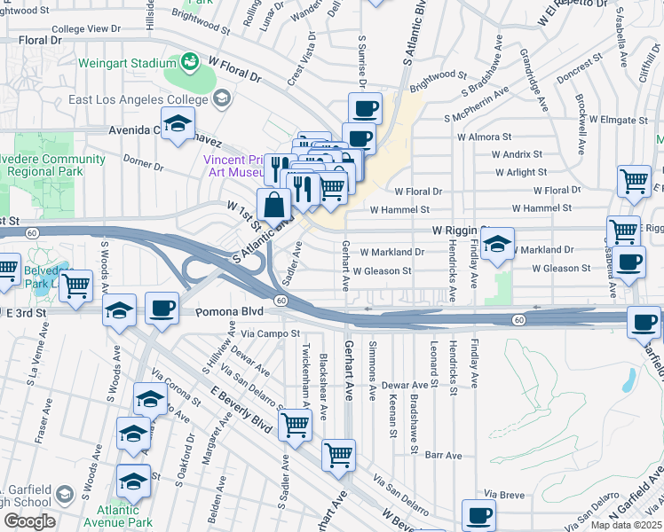map of restaurants, bars, coffee shops, grocery stores, and more near 2321 Gerhart Avenue in Monterey Park
