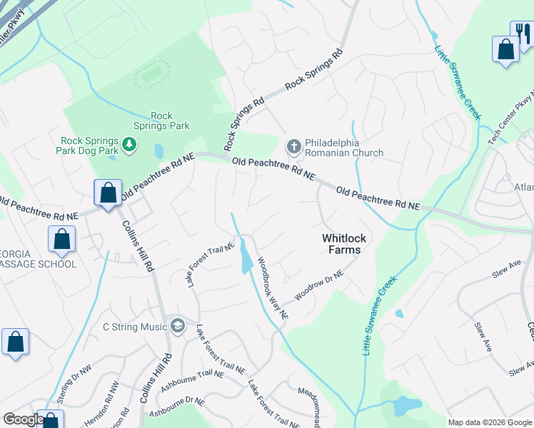 map of restaurants, bars, coffee shops, grocery stores, and more near 530 White Ridge Trce Northeast in Lawrenceville