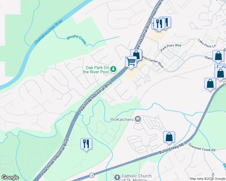 map of restaurants, bars, coffee shops, grocery stores, and more near 3770 Oak Park Drive in Suwanee
