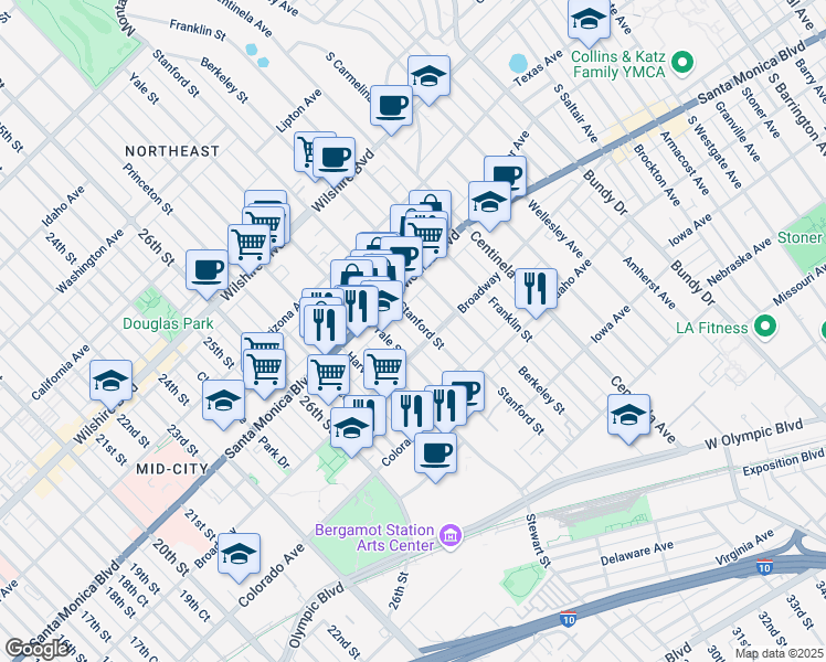 map of restaurants, bars, coffee shops, grocery stores, and more near 1442 Stanford Street in Santa Monica
