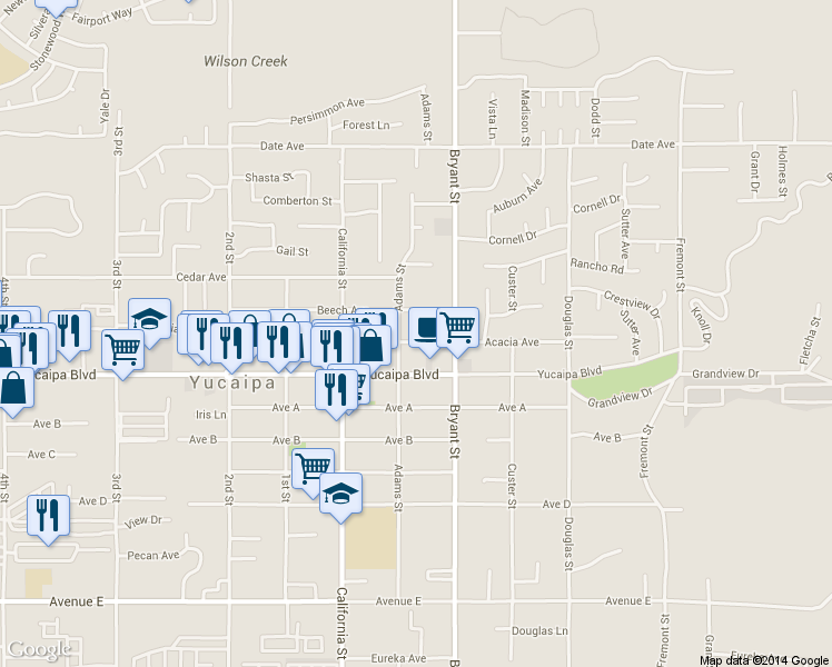 map of restaurants, bars, coffee shops, grocery stores, and more near 35232 Acacia Avenue in Yucaipa