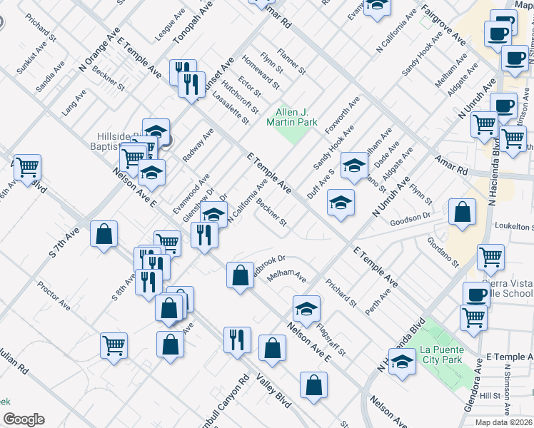 map of restaurants, bars, coffee shops, grocery stores, and more near 14940 Beckner Street in La Puente