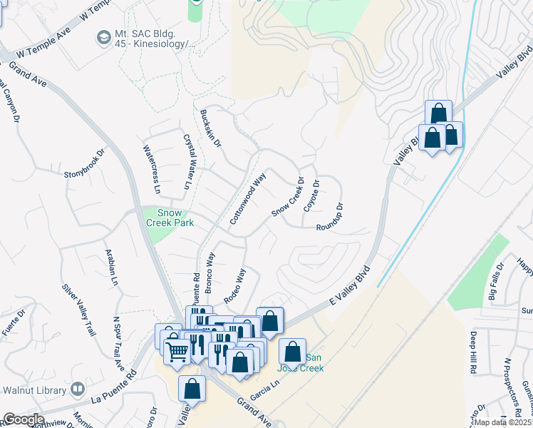 map of restaurants, bars, coffee shops, grocery stores, and more near 21957 Snow Creek Drive in Walnut