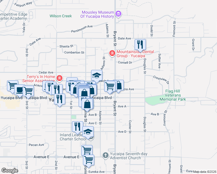 map of restaurants, bars, coffee shops, grocery stores, and more near 35232 Acacia Avenue in Yucaipa