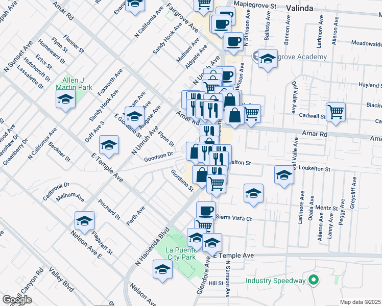 map of restaurants, bars, coffee shops, grocery stores, and more near 761 North Nantes Avenue in La Puente