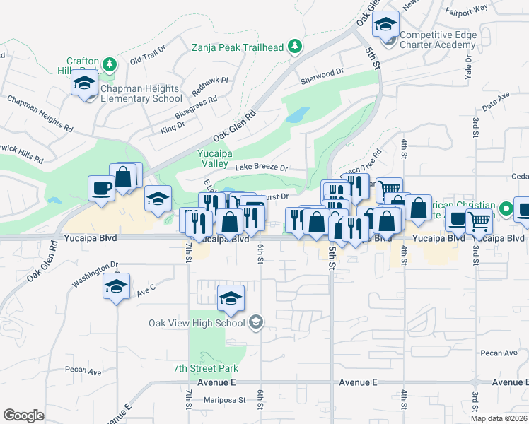 map of restaurants, bars, coffee shops, grocery stores, and more near 12020 Glen Abbey Court in Yucaipa