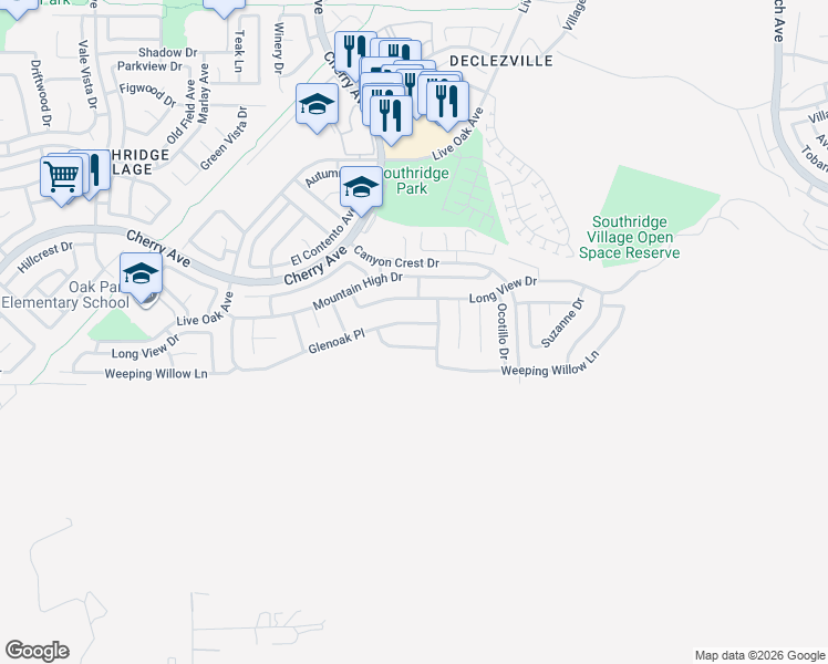map of restaurants, bars, coffee shops, grocery stores, and more near 14632 Appian Way in Fontana