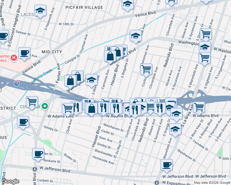 map of restaurants, bars, coffee shops, grocery stores, and more near 2404 1/4 Ridgeley Drive in Los Angeles